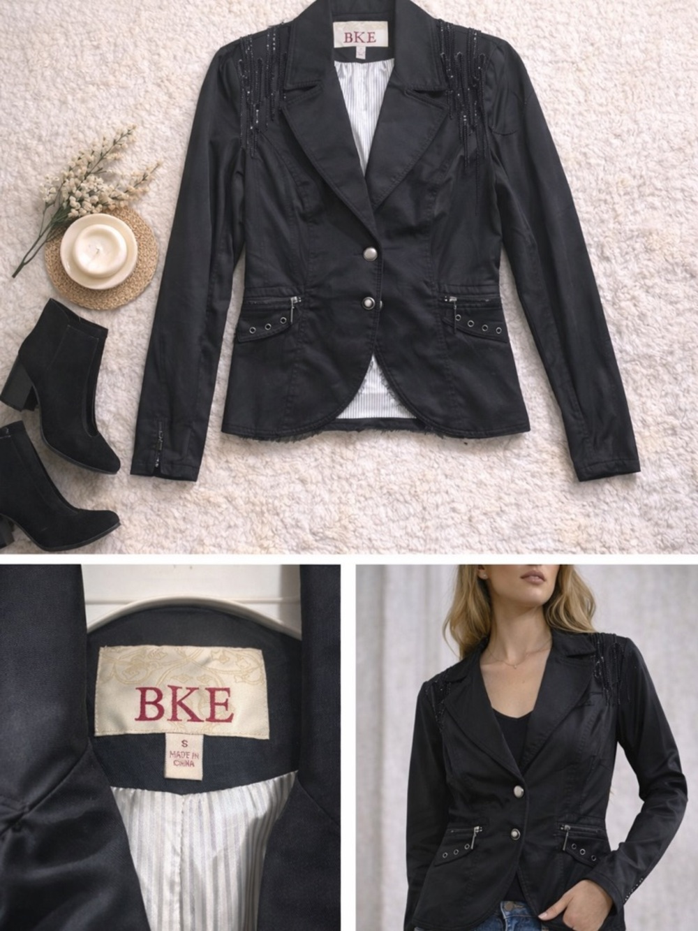 BKE Black Women's Embellished Notch-Lapel Blazer